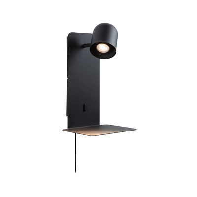 Zwarte metalen wandlamp met verstelbare spot en plank voor moderne binnenverlichting