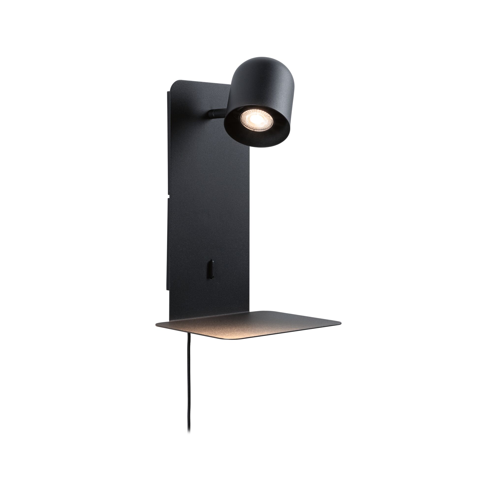 Black metal wall lamp with adjustable spotlight and shelf for modern interior lighting