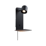 Black metal wall lamp with adjustable spotlight and shelf for modern interior lighting