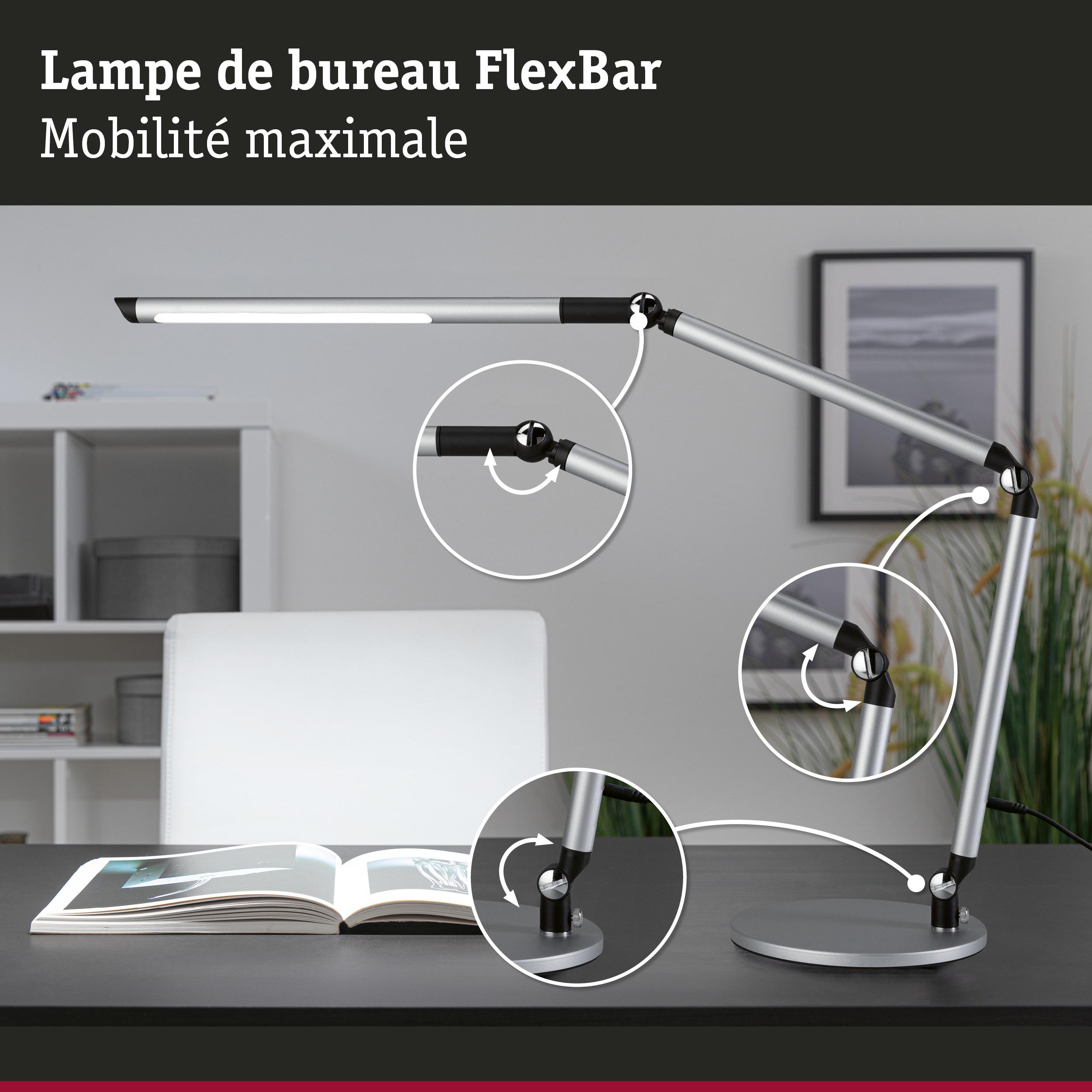 Lampe de bureau FlexBar en métal argenté avec articulations réglables pour un éclairage flexible