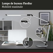 Lampe de bureau FlexBar en aluminium argenté avec base noire et articulations réglables pour éclairage de bureau