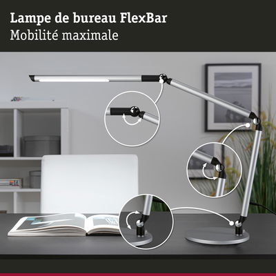 Lampe de bureau FlexBar en métal argenté avec articulations réglables pour un éclairage flexible