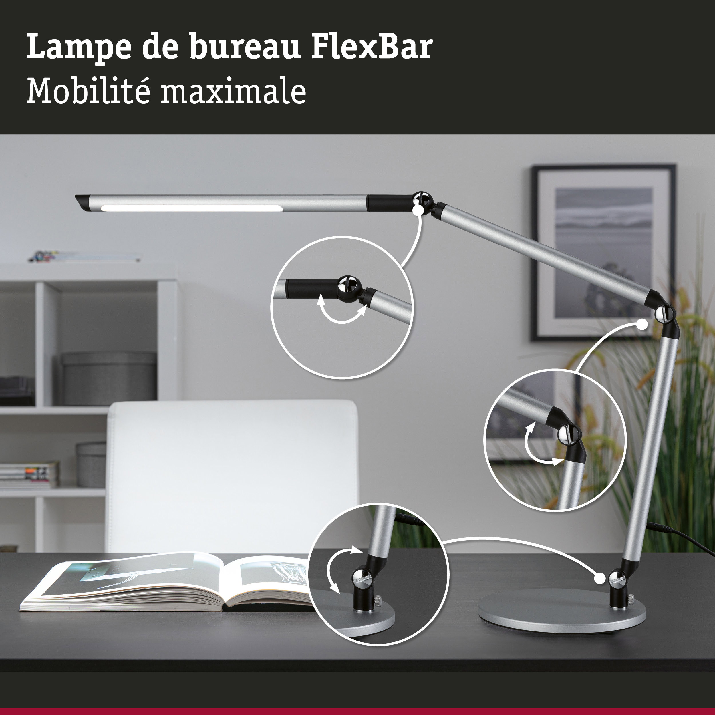Lampe de bureau FlexBar en aluminium argenté avec base noire et articulations réglables pour éclairage de bureau