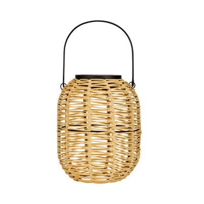Lantern with woven natural material and black metal handle, decorative outdoor lighting accessory