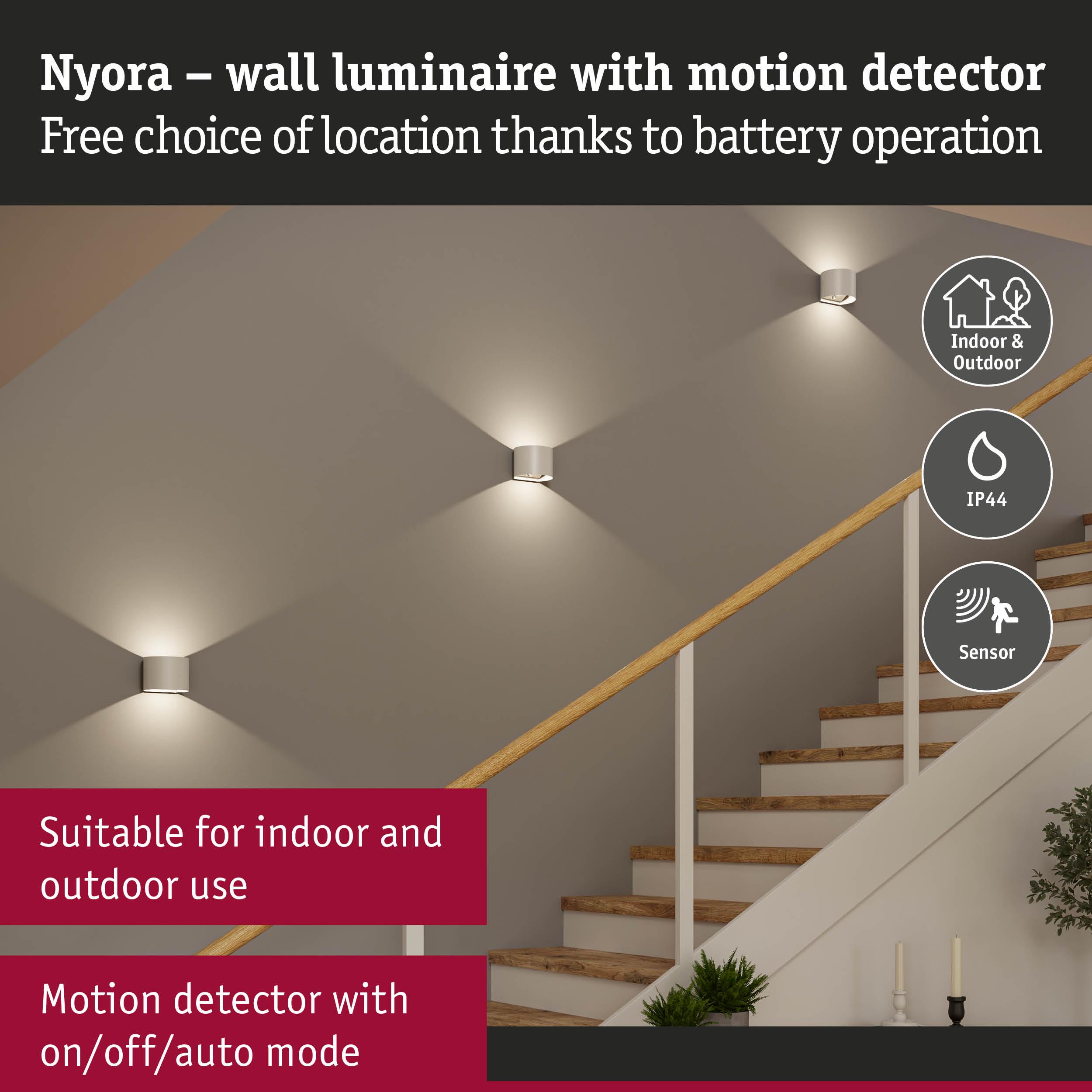 Nyora white wall luminaire with motion detector, battery operated, suitable for indoor and outdoor use
