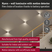 Nyora white aluminium wall luminaire with motion sensor, suitable for indoor and outdoor lighting