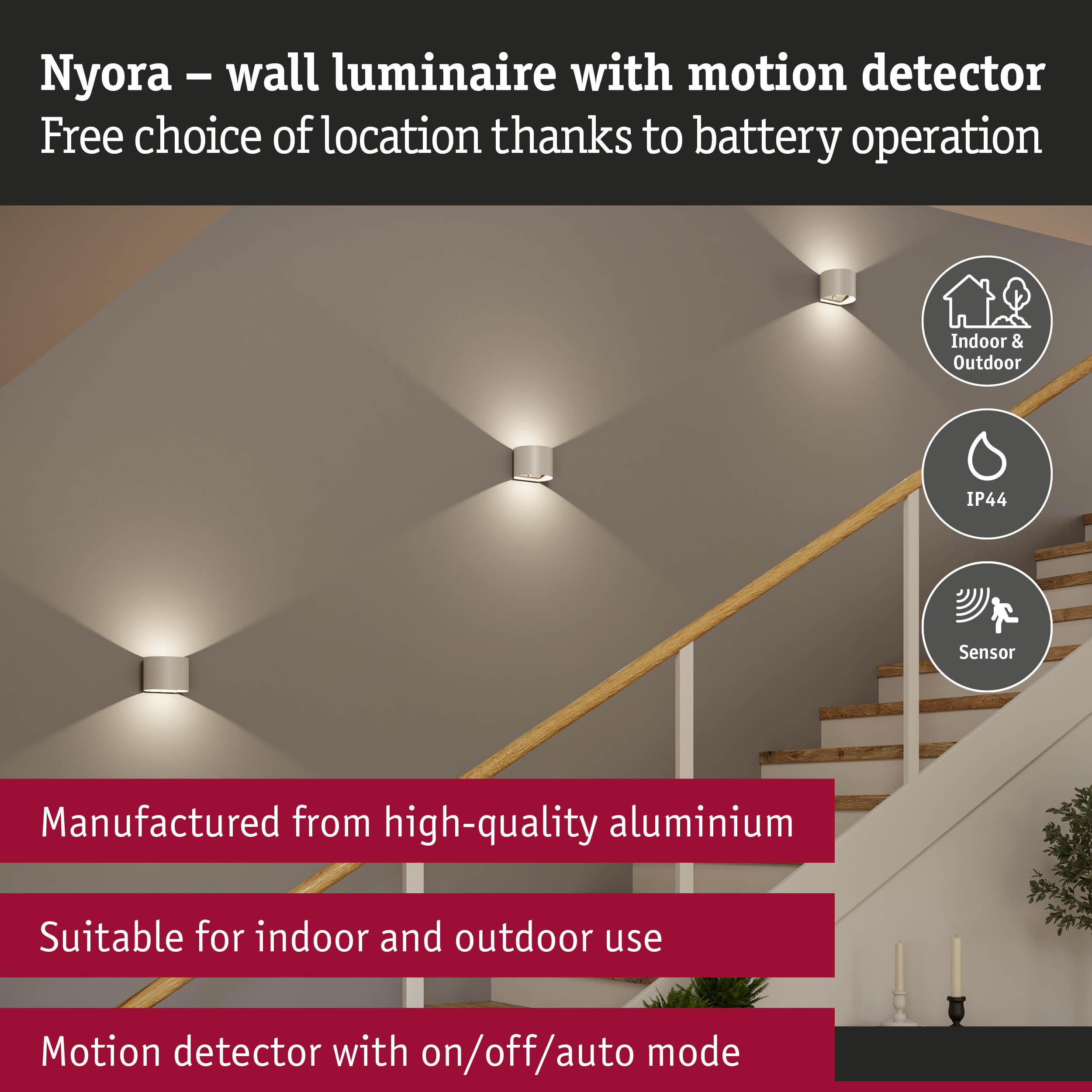 Nyora white aluminium wall luminaire with motion sensor, suitable for indoor and outdoor lighting