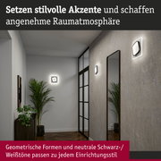 Moderne Wandlampen mit geometrischem Design in Schwarz-Weiß setzen stilvolle Akzente im Flur mit Spiegel und Pflanzen