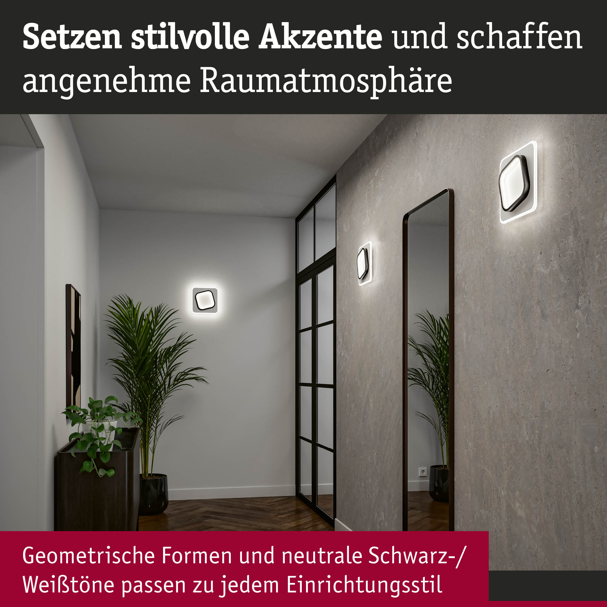 Moderne Wandlampen mit geometrischem Design in Schwarz-Weiß setzen stilvolle Akzente im Flur mit Spiegel und Pflanzen