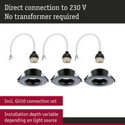 Black recessed downlights with GU10 socket and white cable for 230V direct connection without transformer