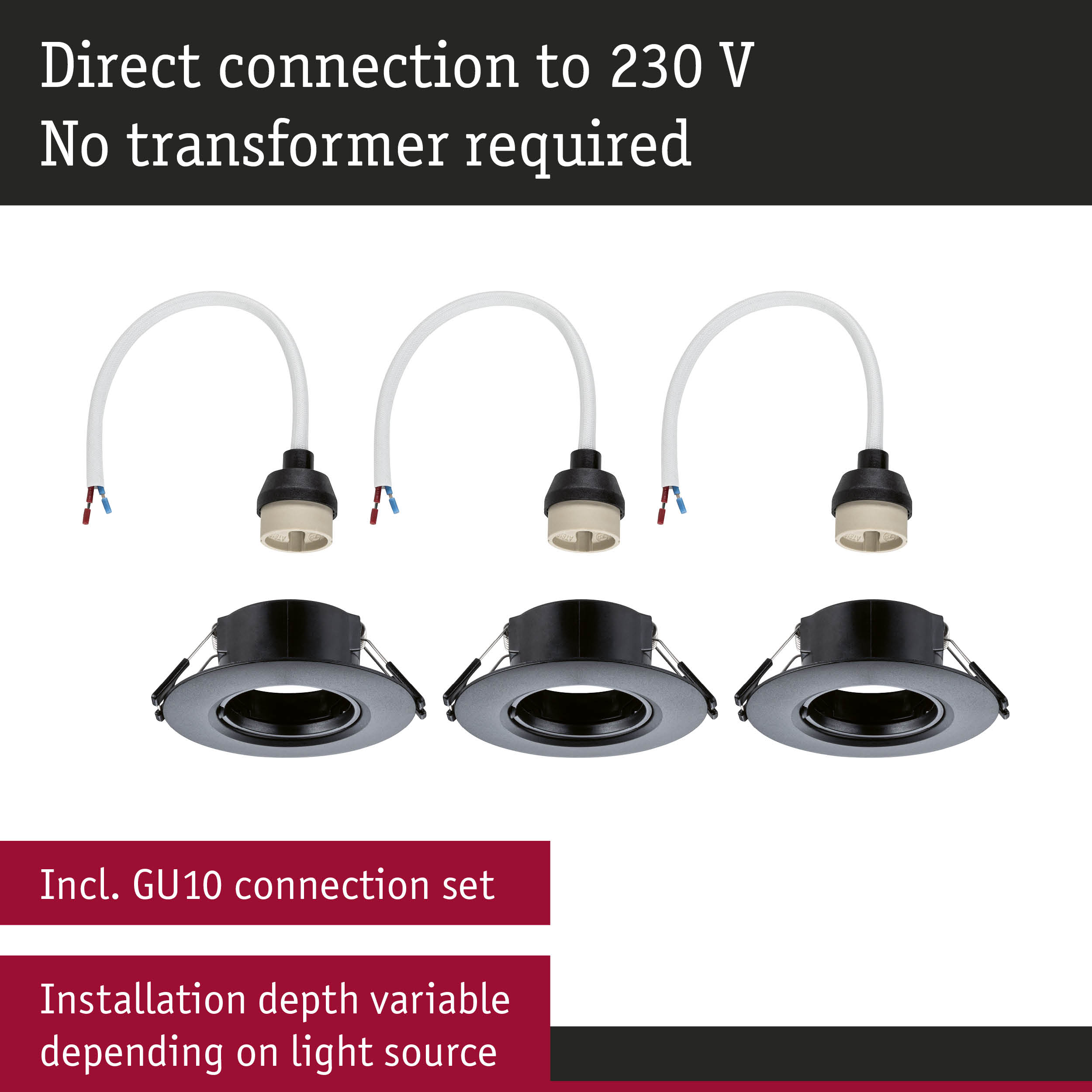 Black recessed downlights with GU10 socket and white cable for 230V direct connection without transformer