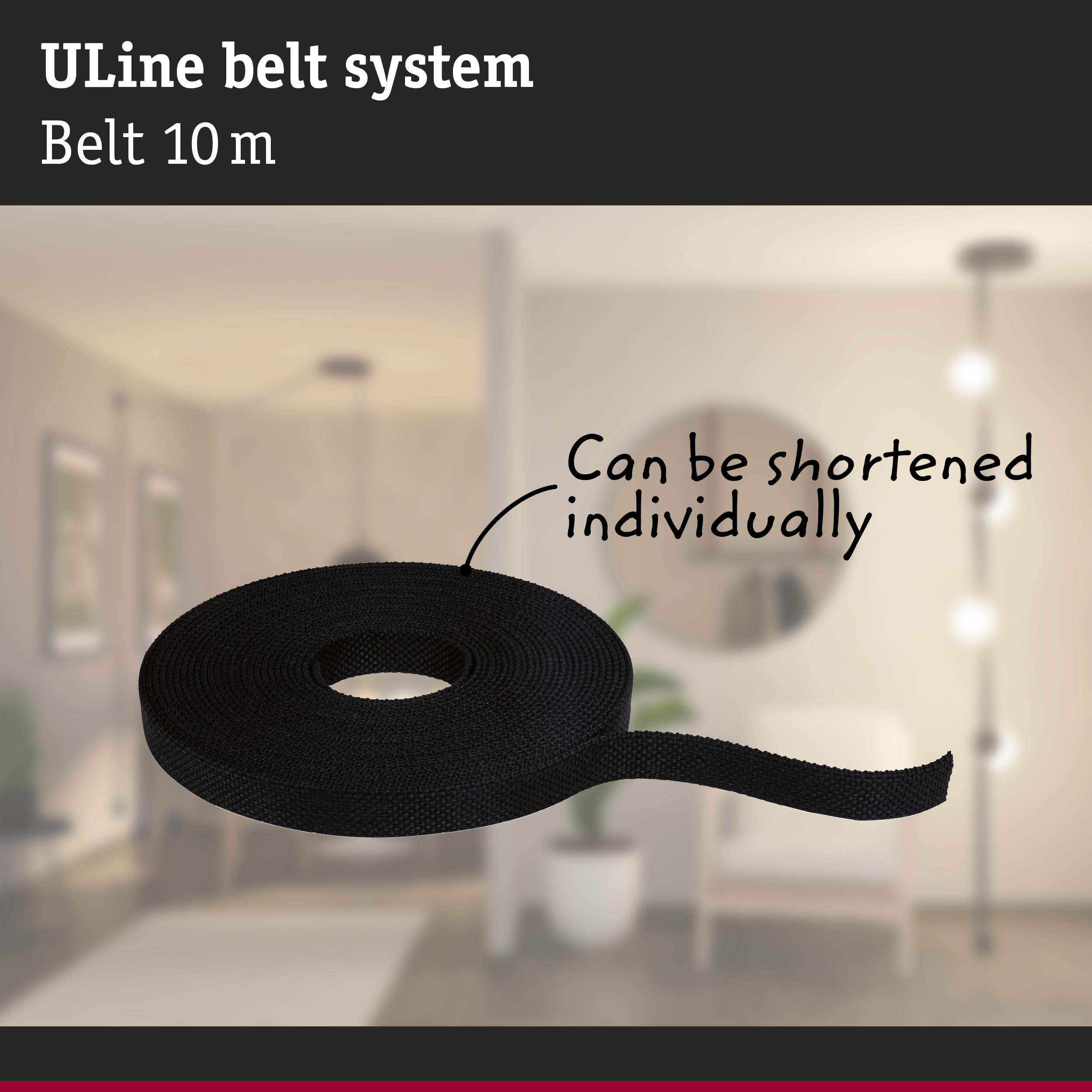 Black 10m ULine textile belt system, can be shortened individually for versatile fastening solutions