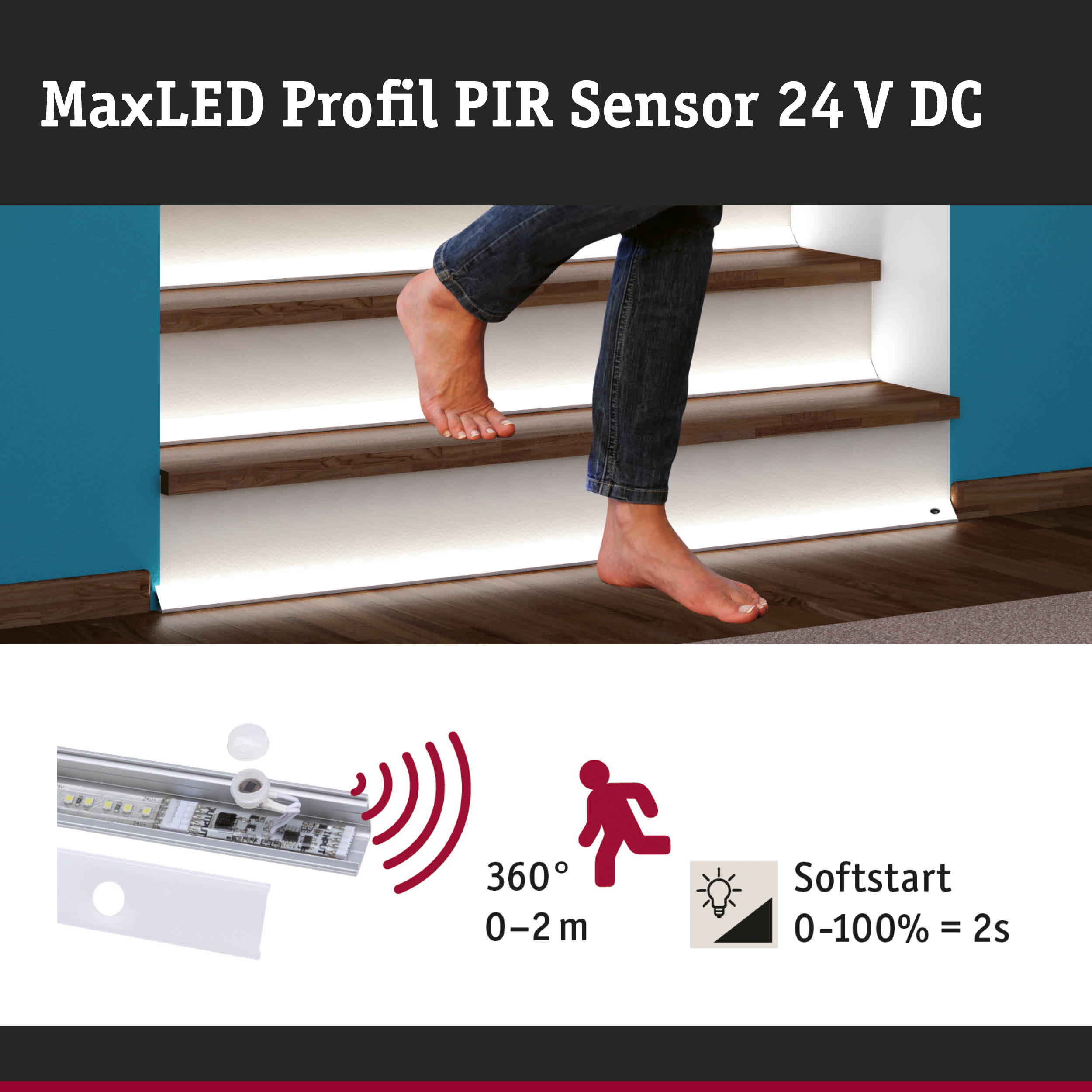 MaxLED Profil PIR Sensor 24 V DC mit Bewegungsmelder für Treppenbeleuchtung und Softstart Funktion