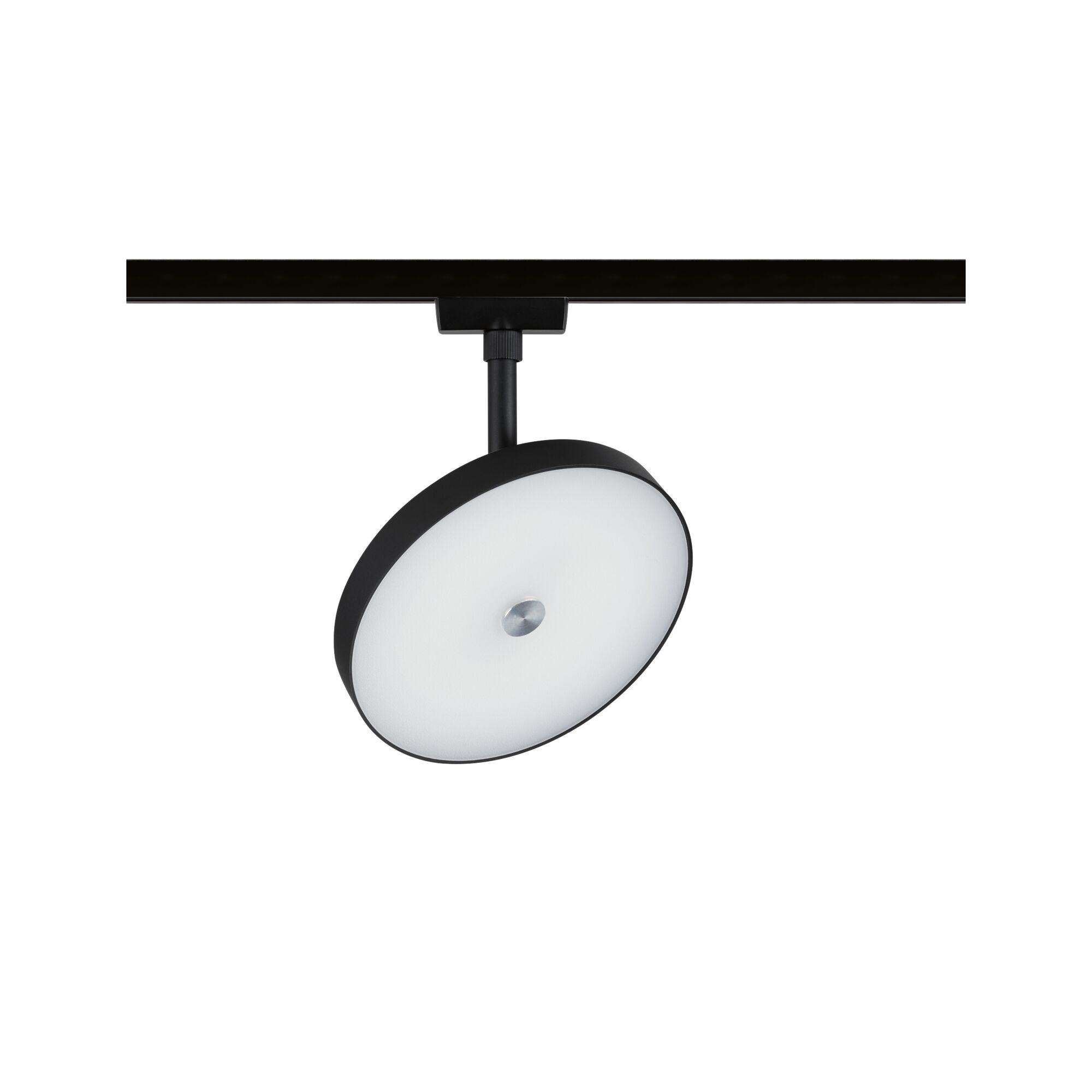 Round black LED track spotlight with white diffuser for modern indoor lighting