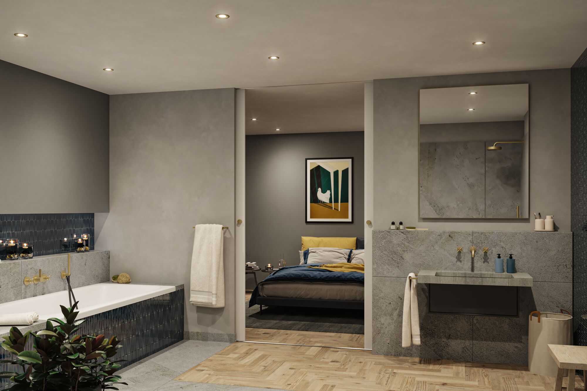 Salle de bain moderne avec carrelage gris, baignoire, lavabo et éclairage encastré pour ambiance intérieure.