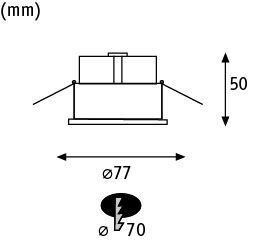 Technische Zeichnung eines Einbaustrahler mit 77 mm Durchmesser und 50 mm Höhe, LED-Leuchte.
