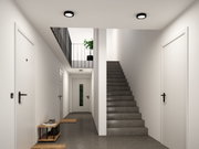 Couloir moderne avec portes blanches, sol gris et plafonniers noirs en métal pour éclairage intérieur