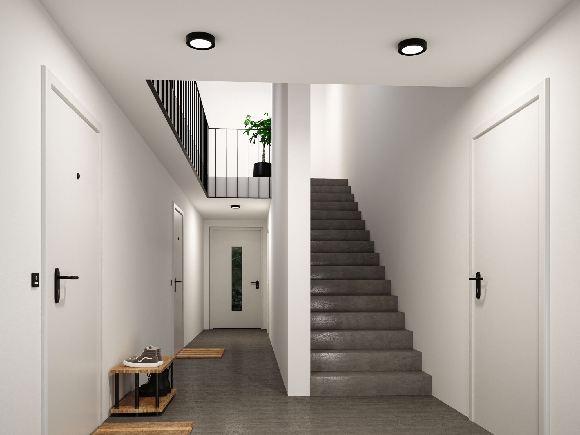 Couloir moderne avec portes blanches, sol gris et plafonniers noirs en métal pour éclairage intérieur
