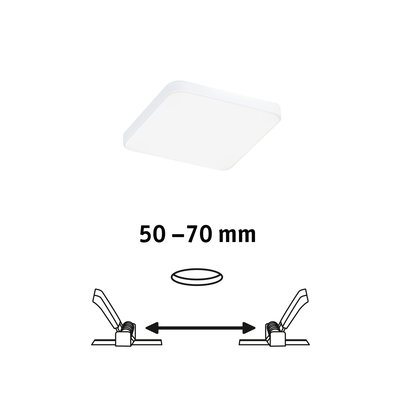 Hvid firkantet LED-loftlampe med slankt design og 50-70 mm installationsmål til moderne belysning