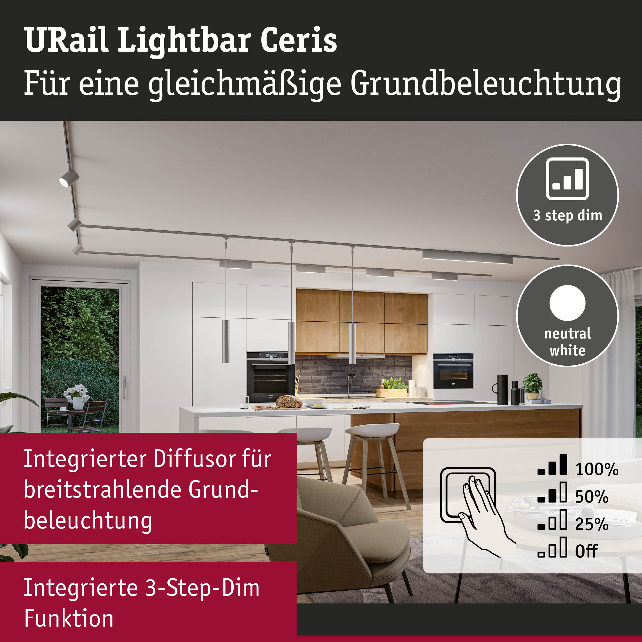 URail Lightbar Ceris Deckenleuchte in Weiß mit 3-Stufen-Dimmfunktion für gleichmäßige Grundbeleuchtung