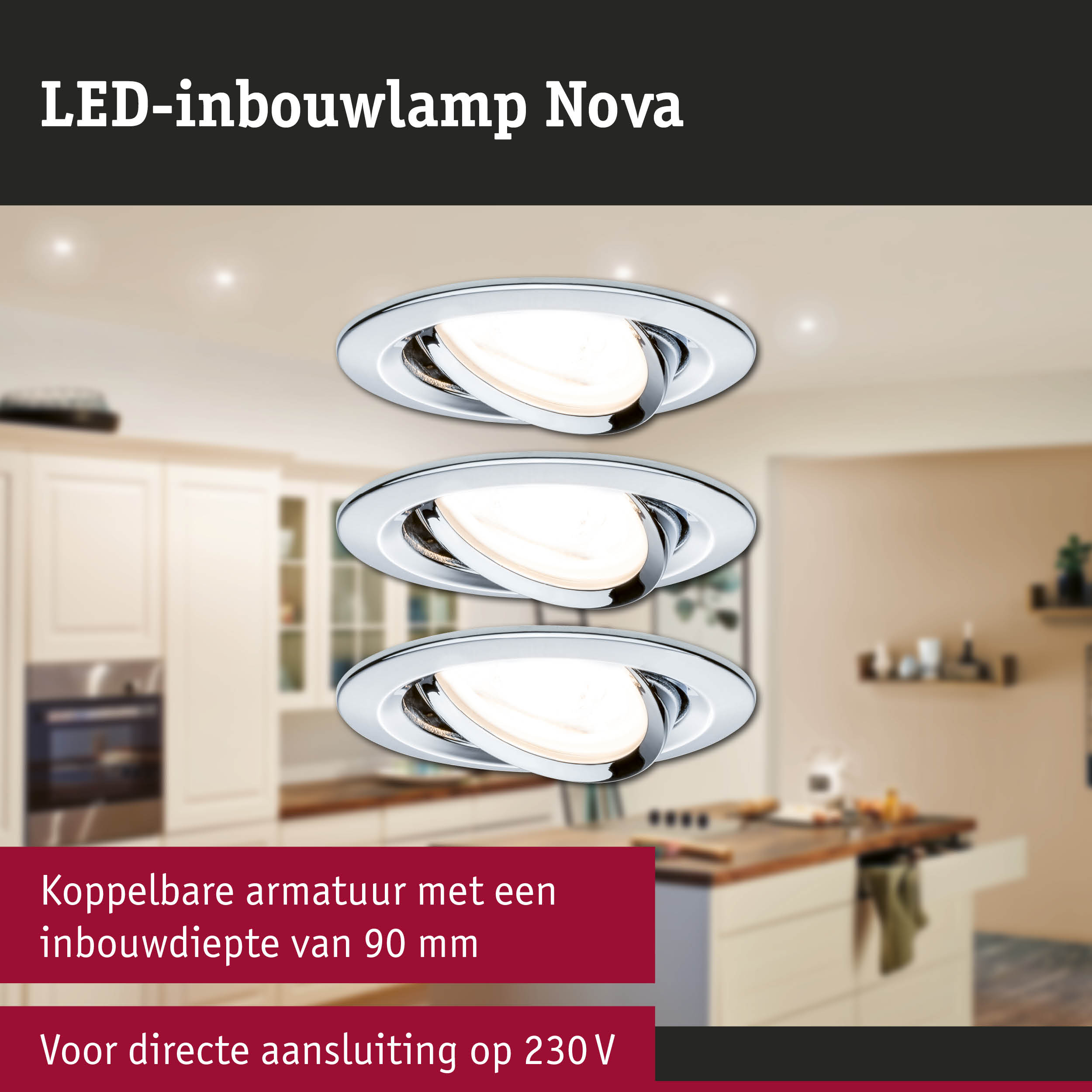 LED-inbouwlamp Nova in chroom met kantelbare armatuur voor moderne keukenverlichting