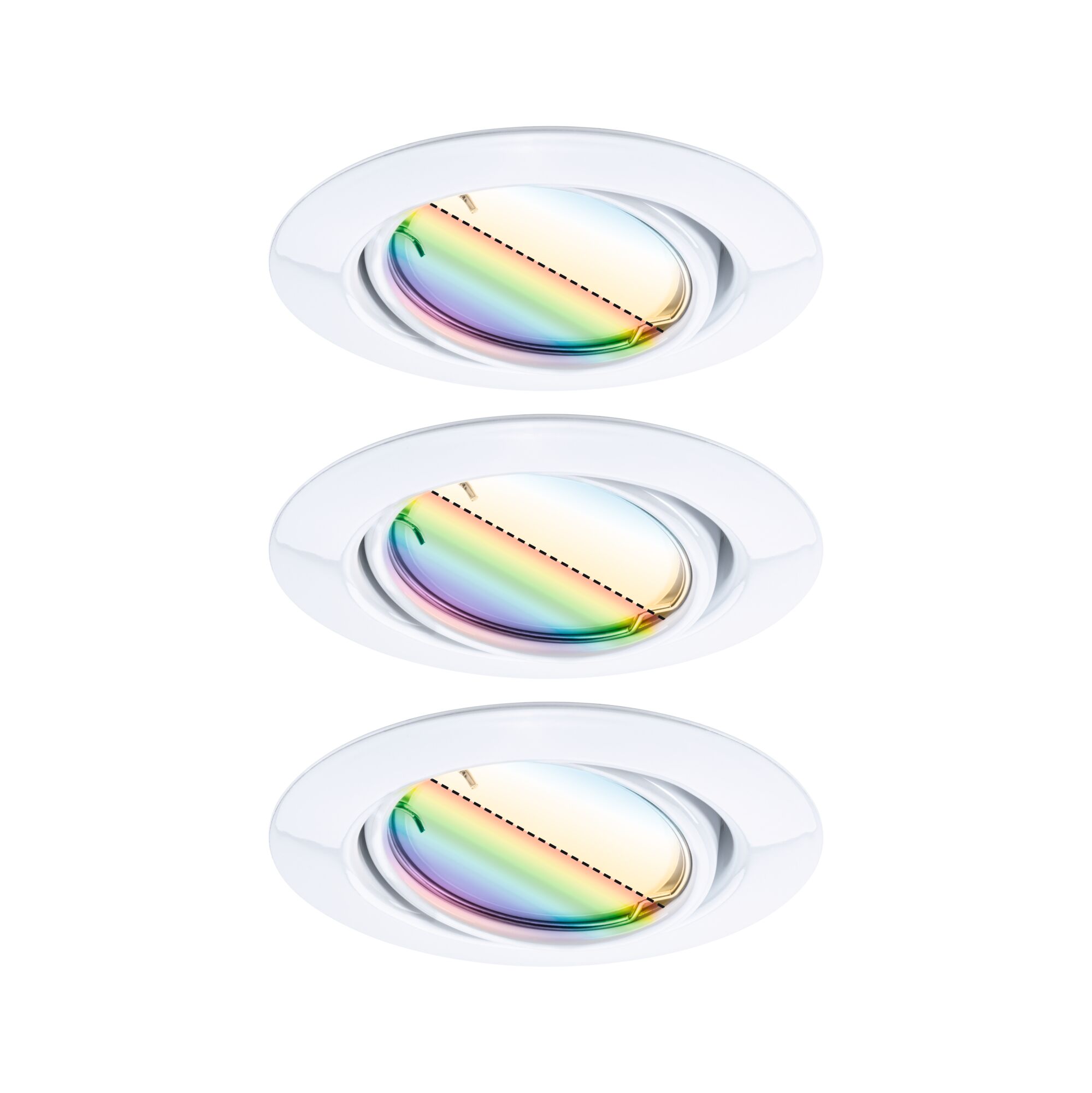 Three white recessed spotlights with adjustable rainbow-colored glass for modern LED ceiling lighting