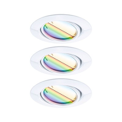 Three white recessed spotlights with adjustable rainbow-colored glass for modern LED ceiling lighting