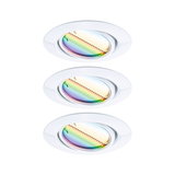 Three white recessed spotlights with adjustable rainbow-colored glass for modern LED ceiling lighting
