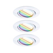 Drei weiße Einbaustrahler mit schwenkbarem, regenbogenfarbenem Glas für moderne LED-Deckenbeleuchtung