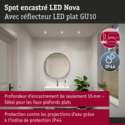Spot encastré LED Nova avec réflecteur plat GU10, profondeur d'encastrement 55 mm, protection IP44