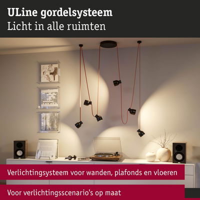 ULine gordelsysteem met zwarte spots en rode kabels voor flexibele wand- en plafondverlichting