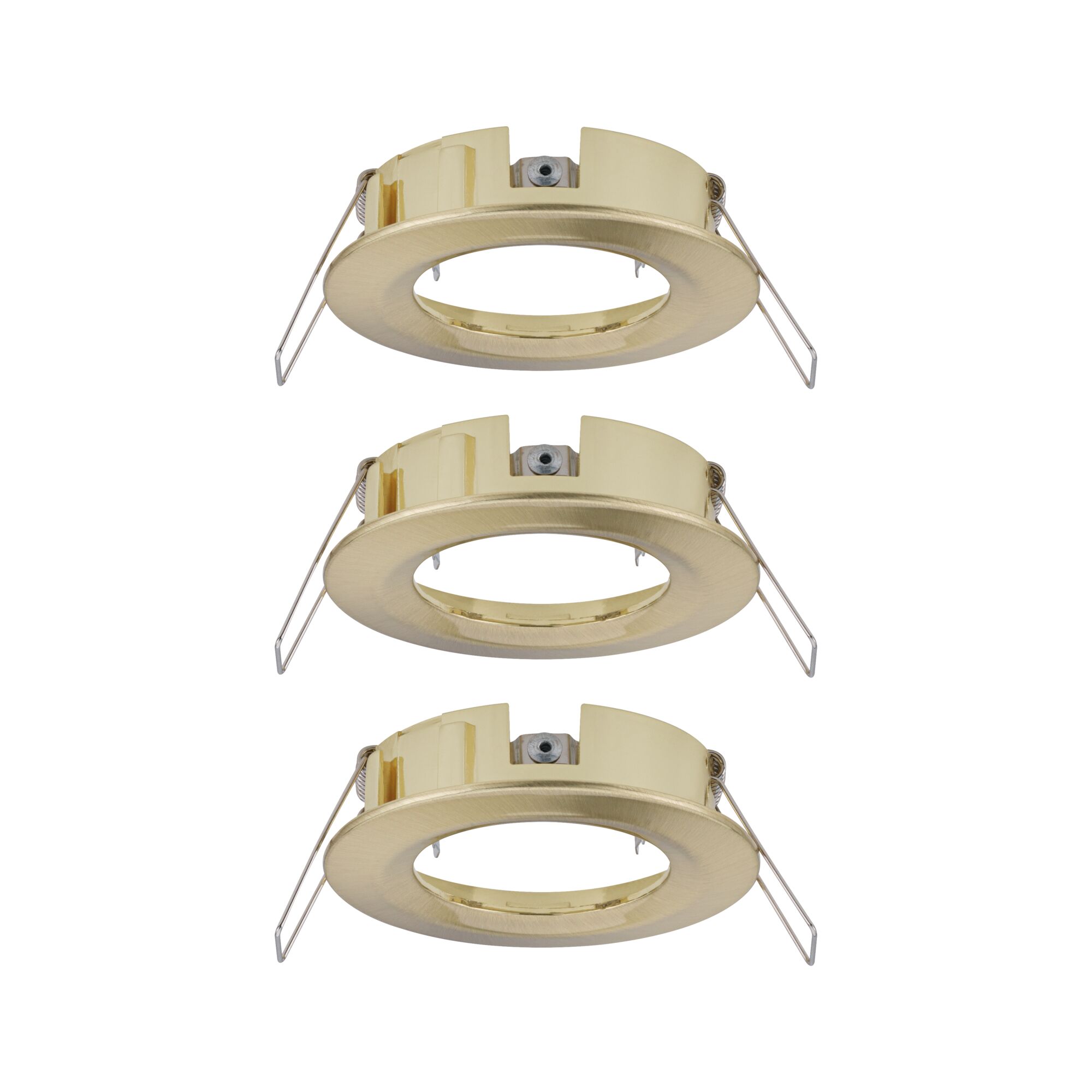 Three round brushed brass recessed frames for LED spots, energy-efficient lighting fixtures