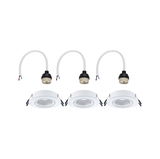 Three white metal recessed spotlights with matching cable connectors for LED ceiling lighting