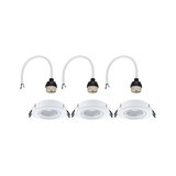 Three white metal recessed spotlights with matching cable connectors for LED ceiling lighting