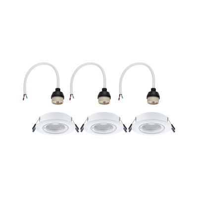 Three white metal recessed spotlights with matching cable connectors for LED ceiling lighting