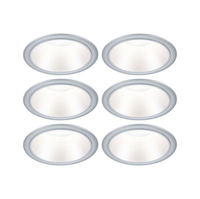Set of six round recessed spotlights with silver frame and white light for modern indoor lighting