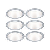 Set of six round recessed spotlights with silver frame and white light for modern indoor lighting