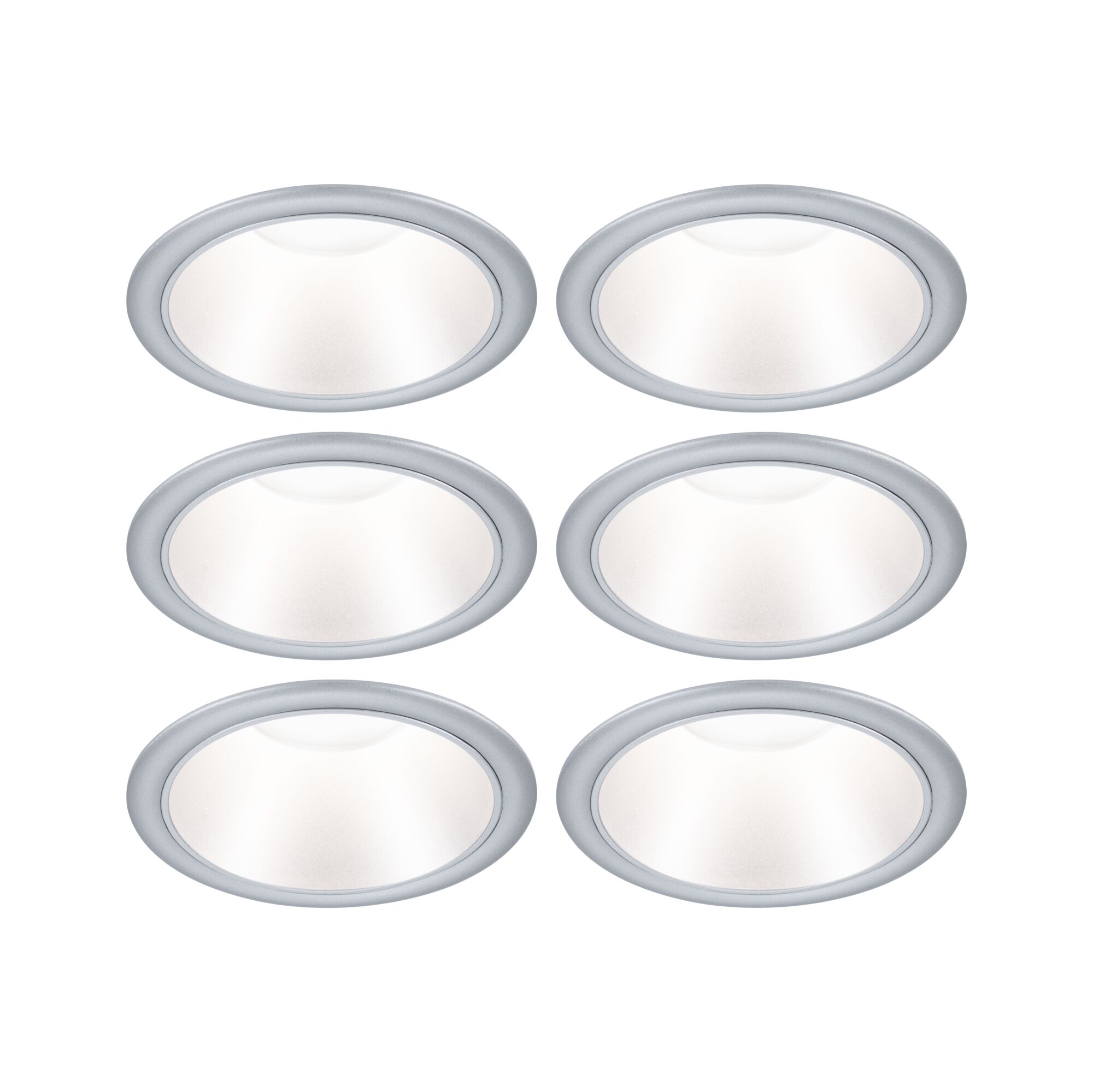 Spot encastré LED 3-Step-Dim Cole Coin Kit de 6 IP44 rond 88mm Coin 6x6W 6x470lm 230V gradable 2700K Argent mat Lot de six spots encastrés ronds avec cadre argenté et lumière blanche pour éclairage intérieur moderne