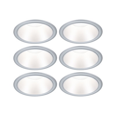 Set of six round recessed spotlights with silver frame and white light for modern indoor lighting
