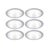 Zes ronde inbouwspots met zilverkleurige rand en wit licht voor moderne binnenverlichting