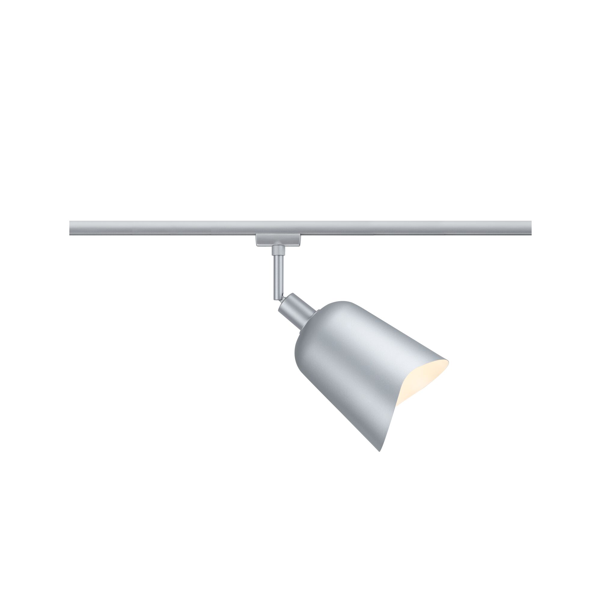 Moderner silberner LED-Strahler aus Metall an Schienensystem für flexible Beleuchtung