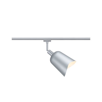 Moderner silberner LED-Strahler aus Metall an Schienensystem für flexible Beleuchtung