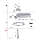 Technische Zeichnung mit 5 silbernen LED-Strahlern, Netzteil und 10 m Kabel für flexible Beleuchtungssysteme