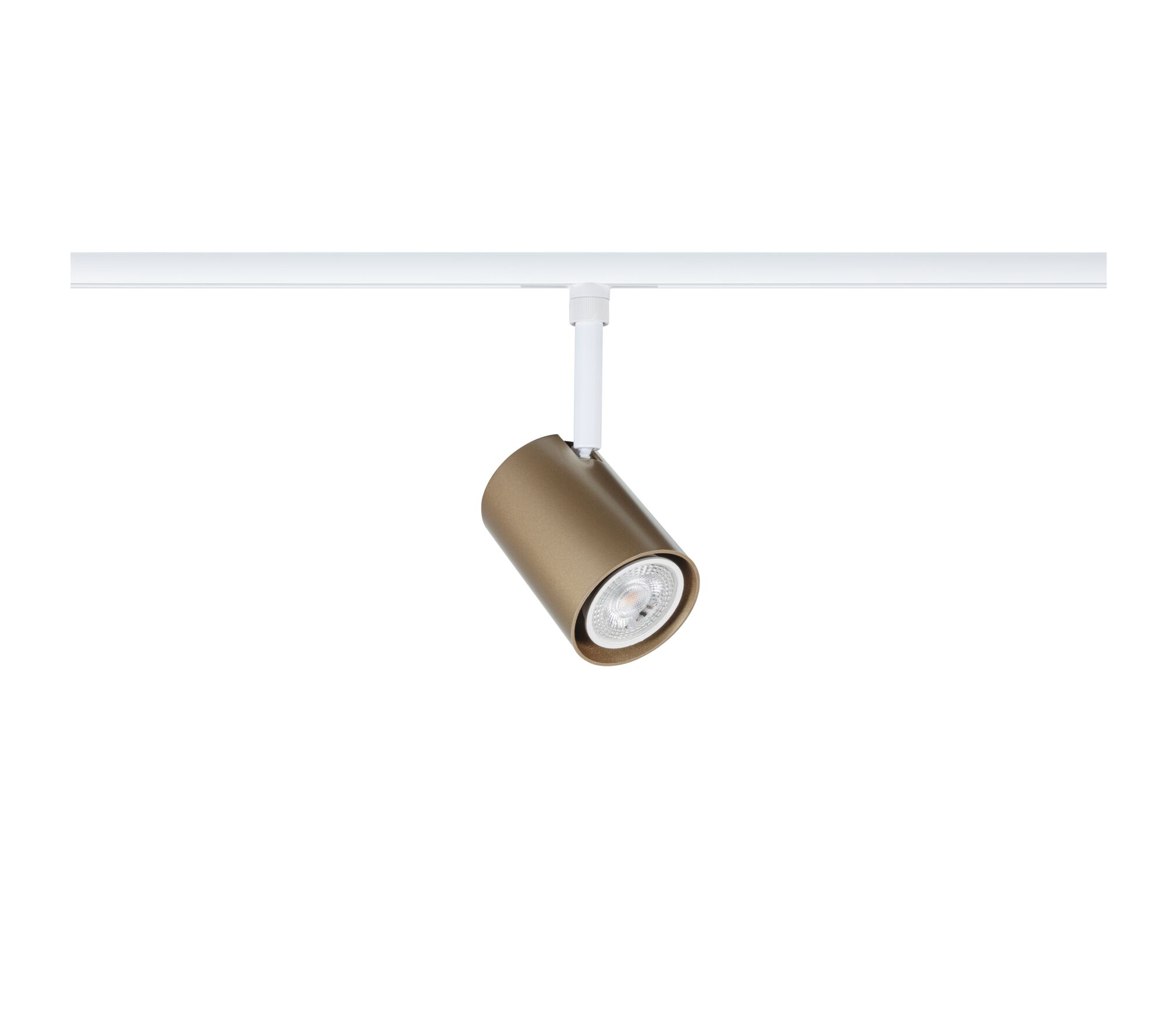 Modern adjustable spotlight in bronze metal on white track for accent lighting in interiors