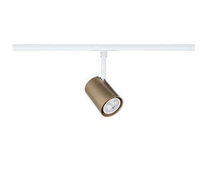 Modern adjustable spotlight in bronze metal on white track for accent lighting in interiors
