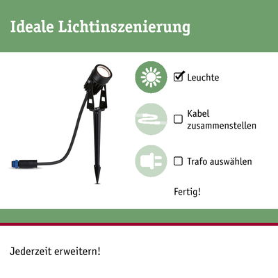 Schwarze LED-Gartenleuchte mit Erdspieß für flexible Außenbeleuchtung und einfache Installation.