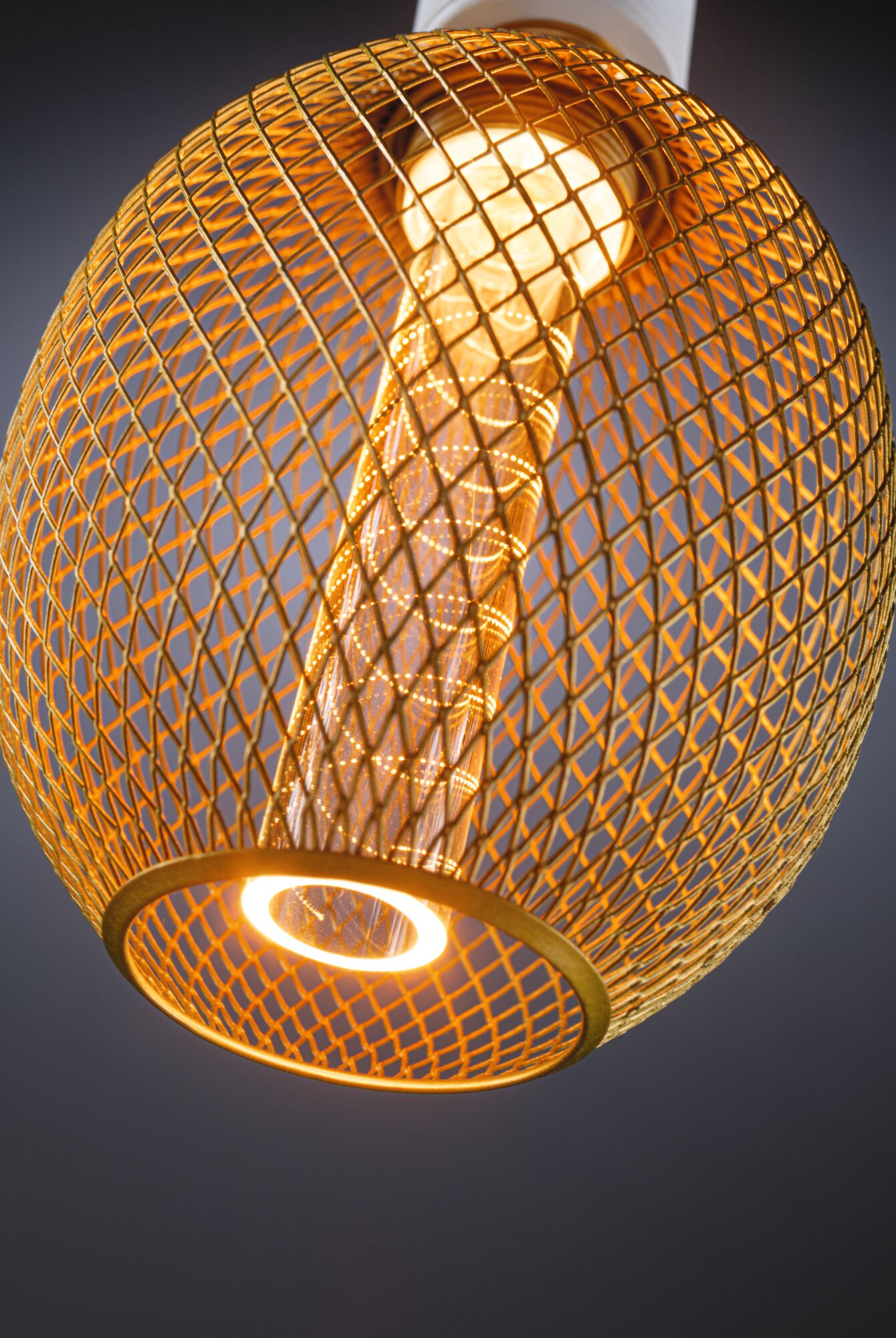 Gold metal cage pendant light with warm white LED and decorative inner cylinder for modern lighting