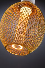 Gold metal cage pendant light with warm white LED and decorative inner cylinder for modern lighting