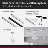 Modulares URail-System mit weißen und schwarzen Schienen, Steckern und weißen Spots für flexible Beleuchtung