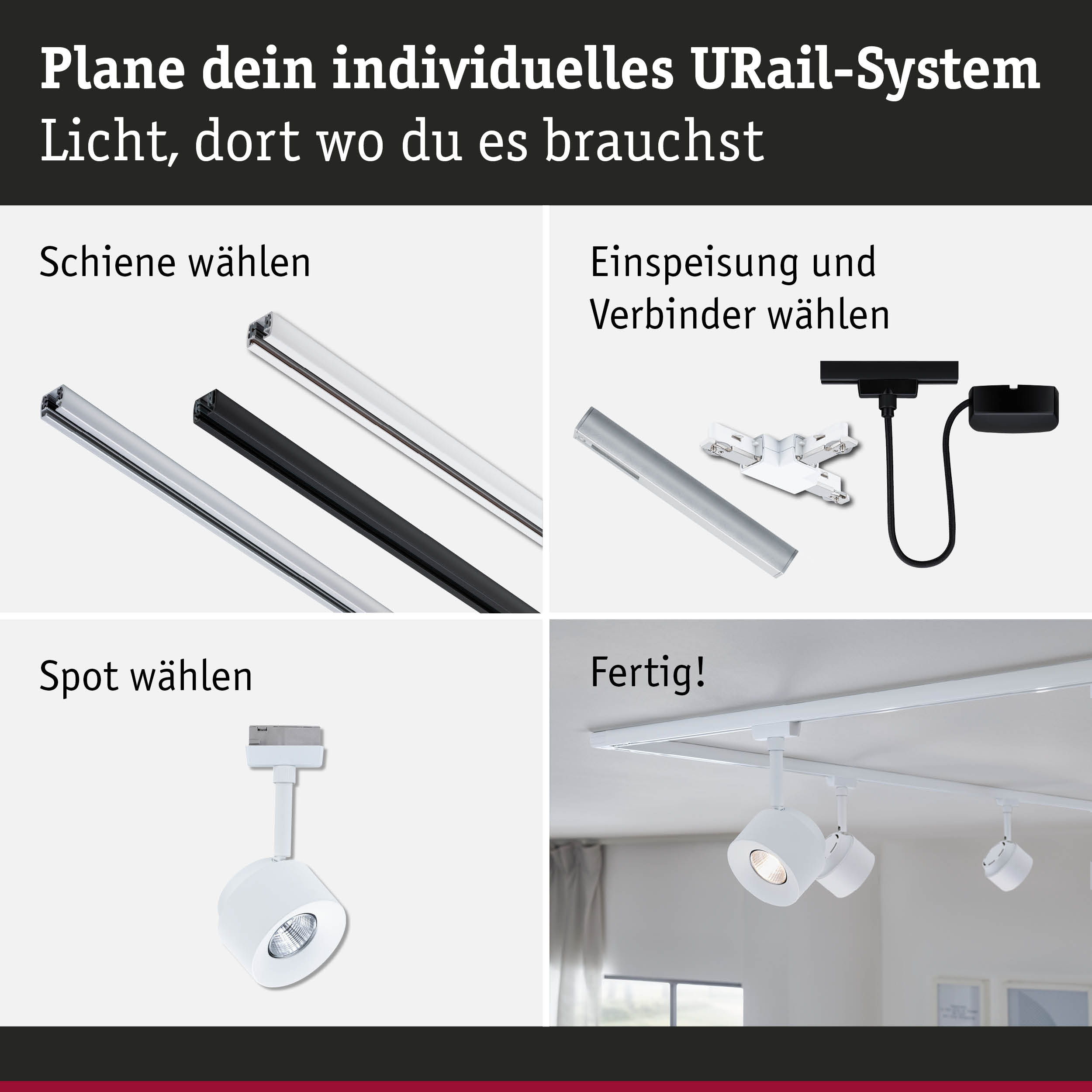 Modulares URail-Schienensystem in Schwarz und Weiß mit Spots und Steckern für flexible LED-Beleuchtung